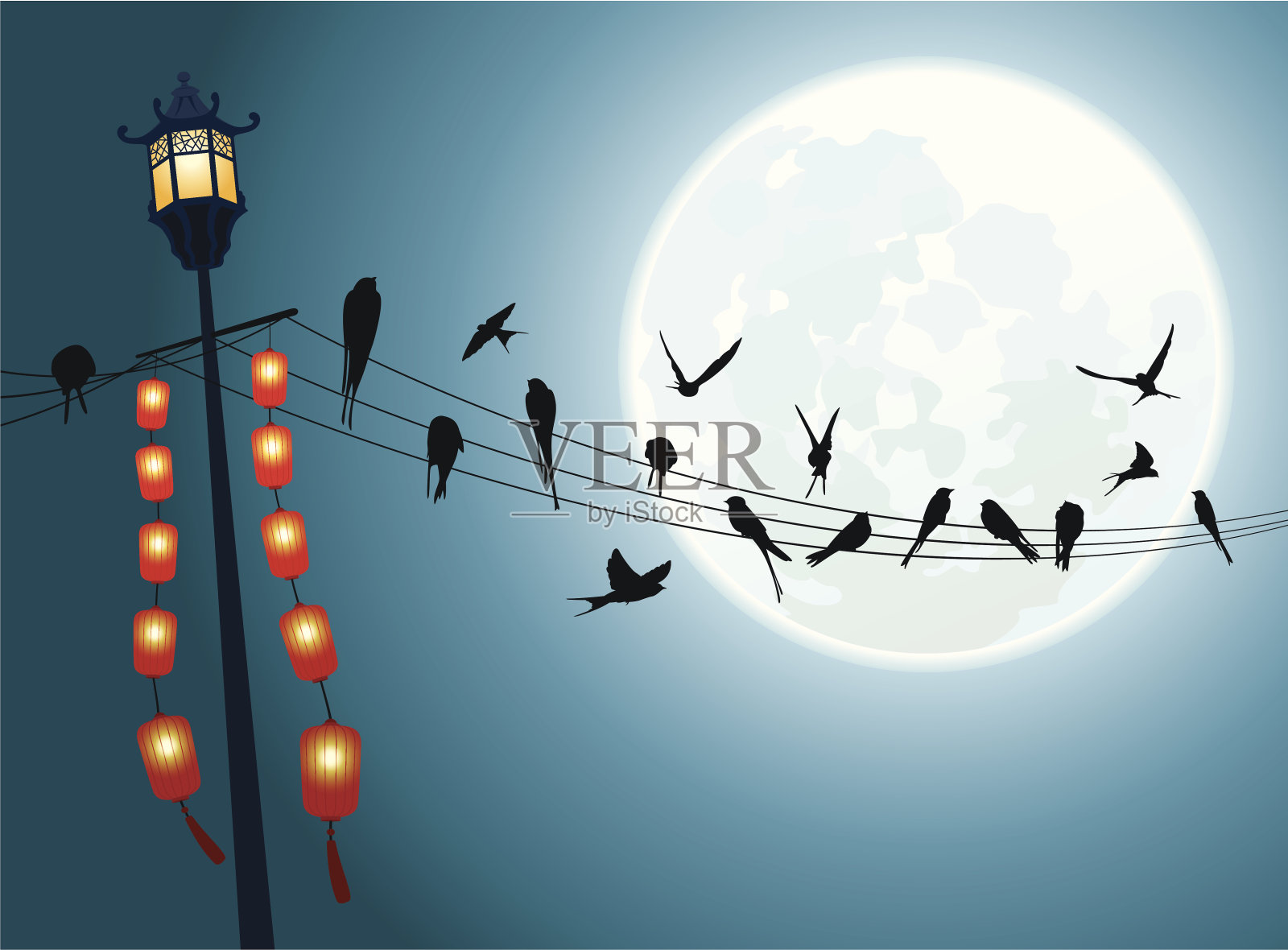 在满月的背景下，线上的燕子插画图片素材