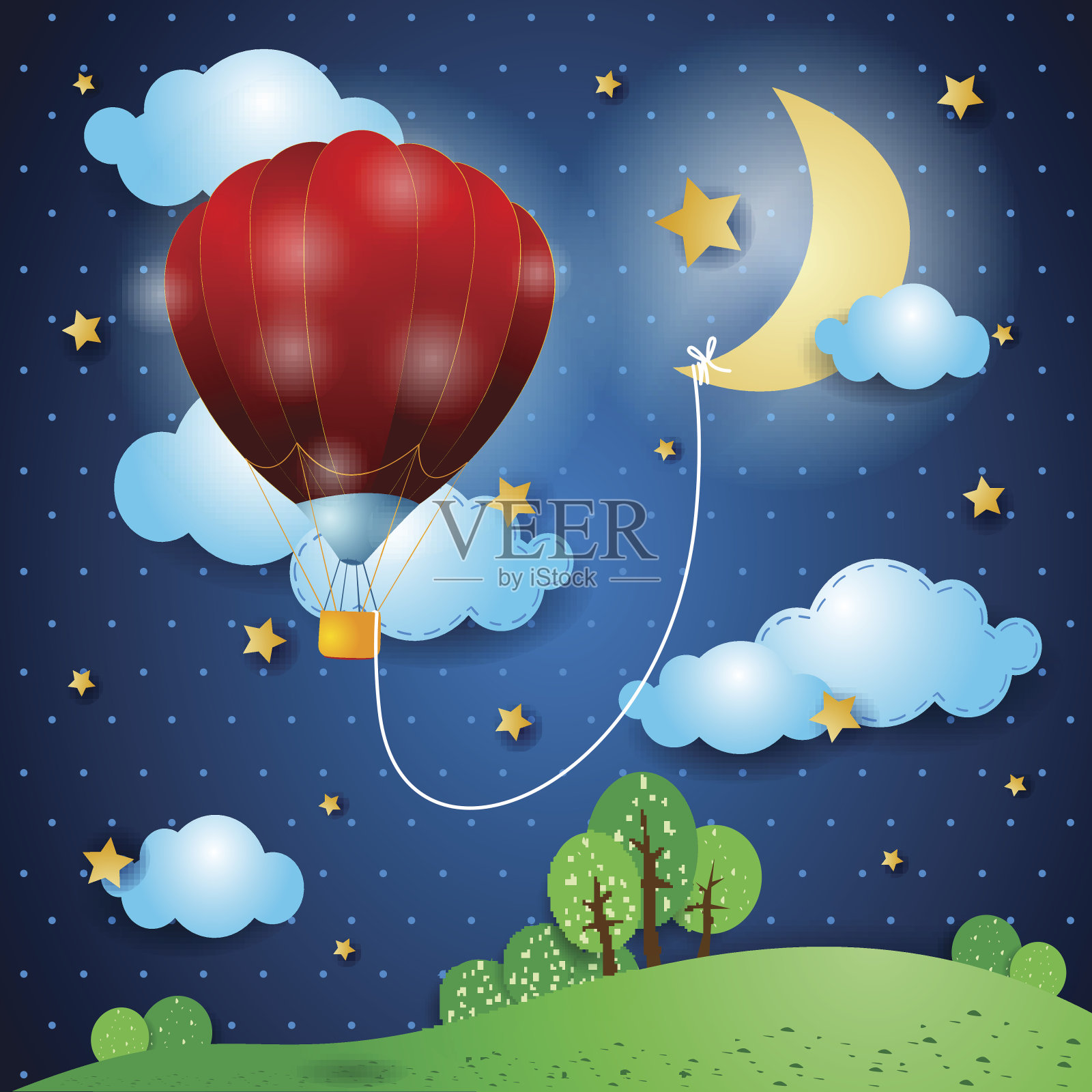 幻想景观上的热气球插画图片素材