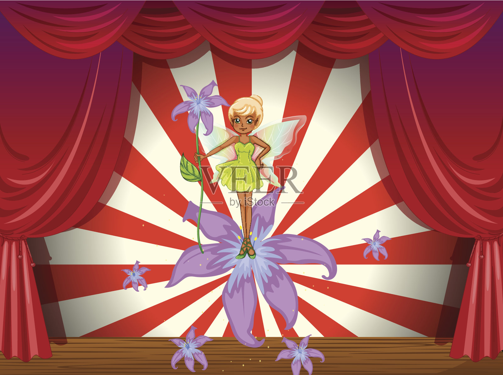 仙女拿着鲜花站在舞台上插画图片素材
