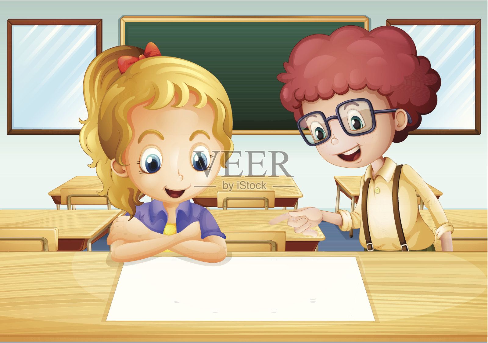女孩和男孩在看教室里的空招牌插画图片素材