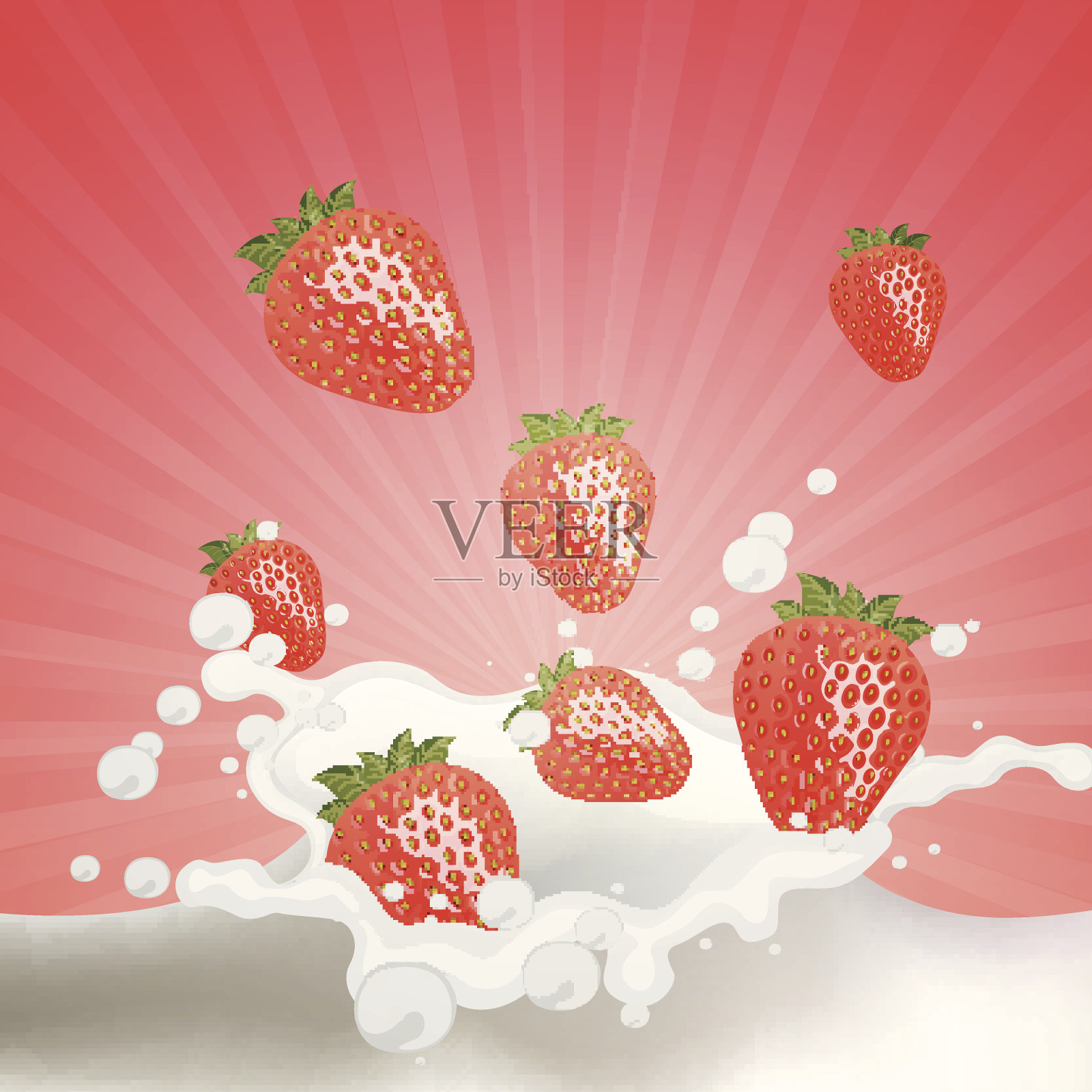 矢量草莓落入溅起的牛奶插画图片素材