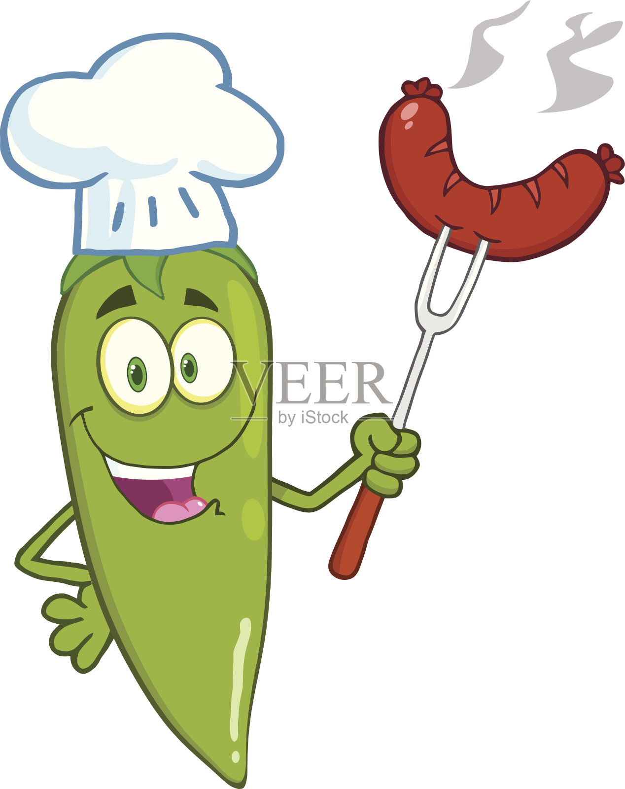 可爱的绿辣椒辣椒厨师叉子上的香肠插画图片素材