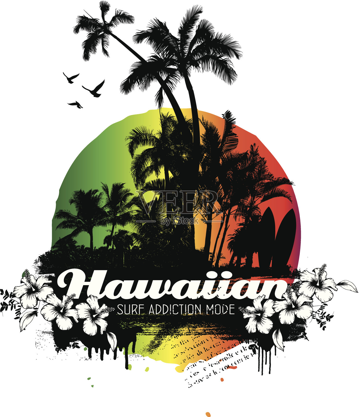 夏威夷垃圾摇滚夏天的场景与棕榈树和木槿插画图片素材