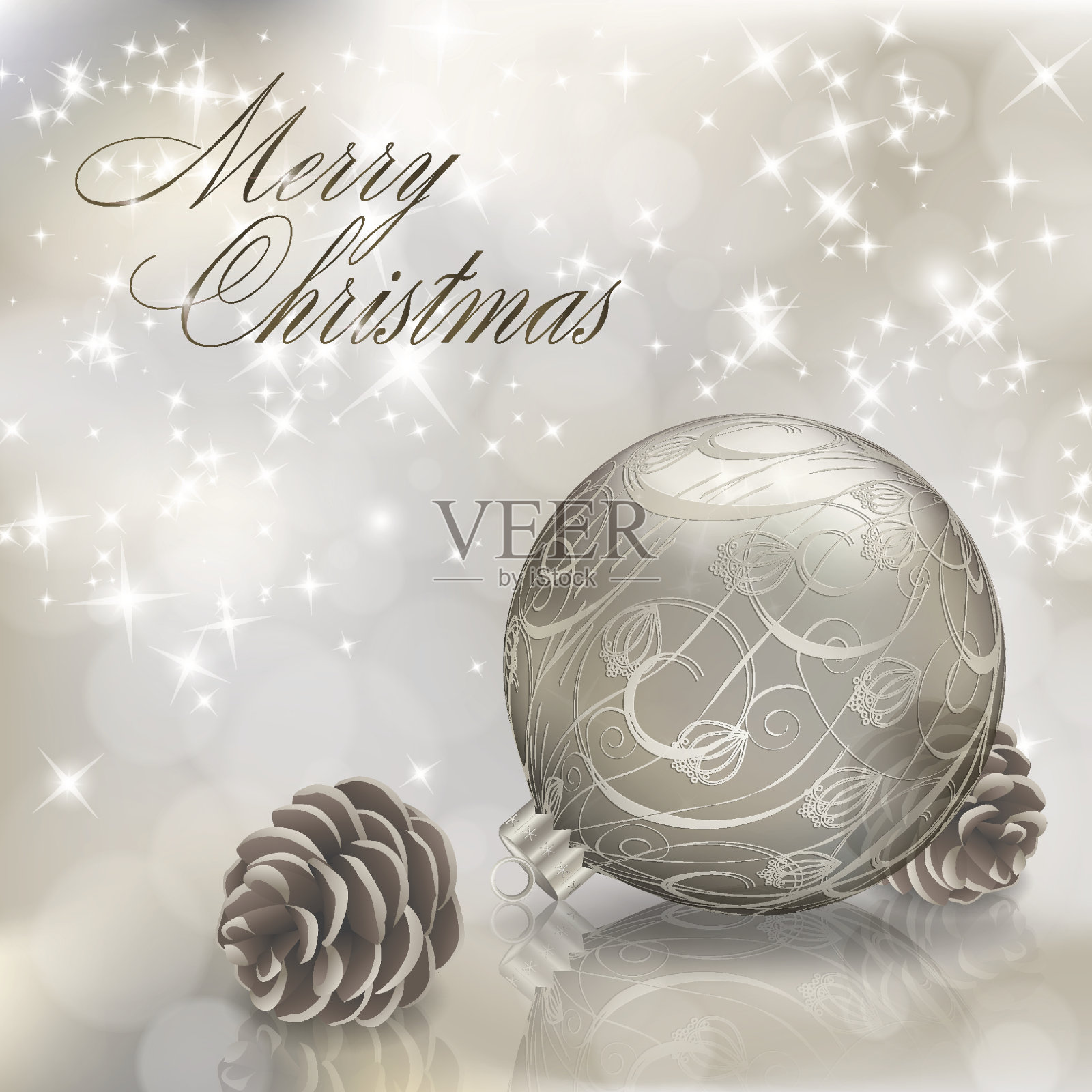 银色圣诞贺卡与圣诞球插画图片素材