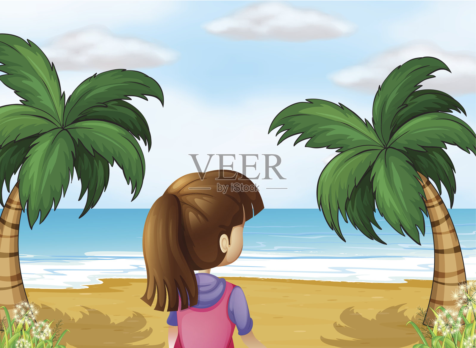 年轻的女士看着平静的蓝色大海插画图片素材