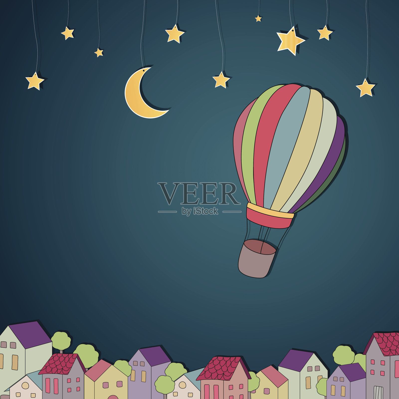 矢量热气球飞过一个城镇插画图片素材