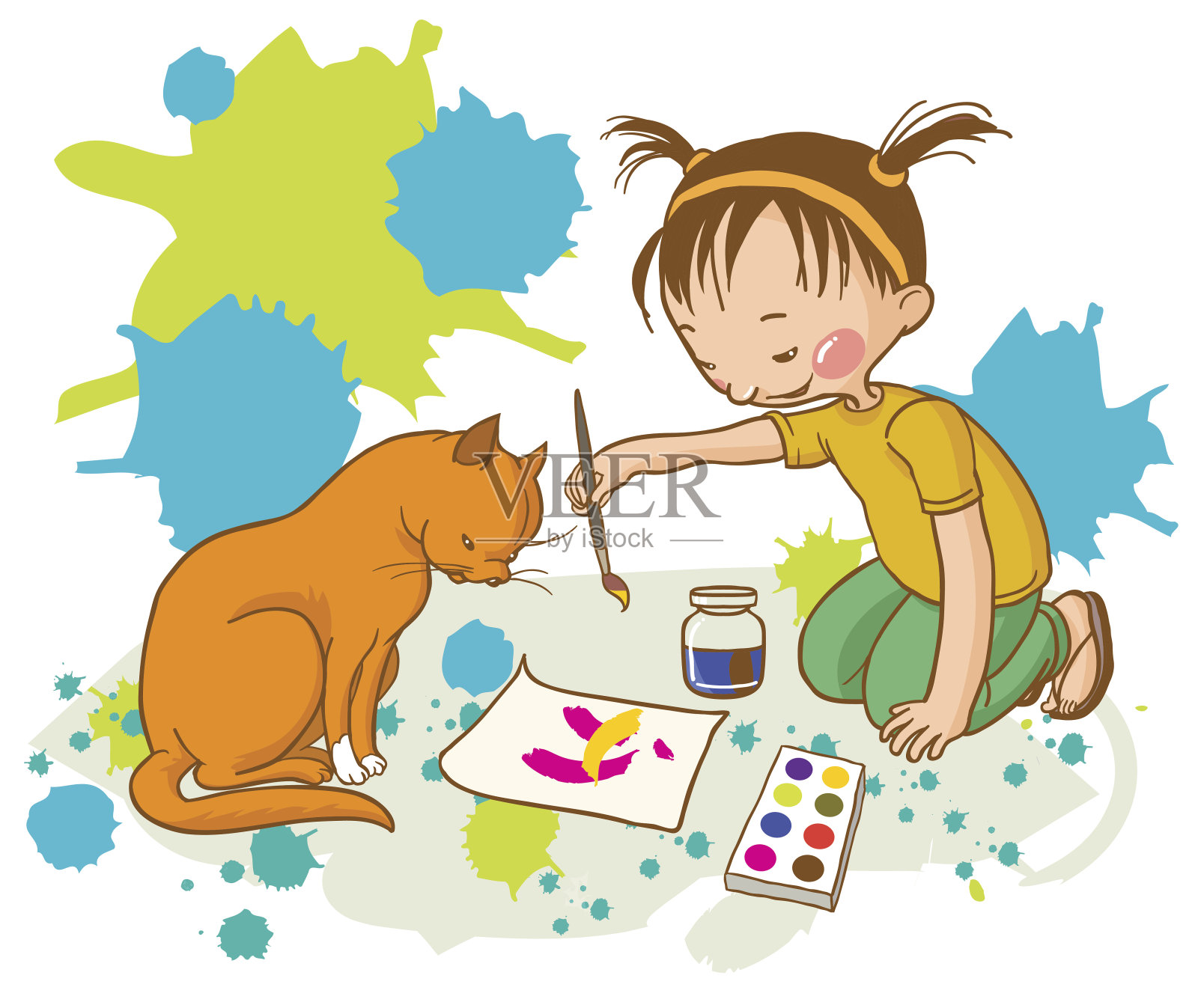 可爱的女孩和她的猫插画图片素材