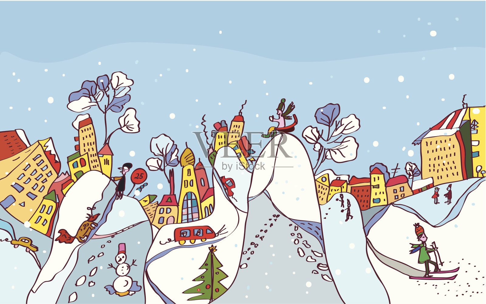 圣诞冬季城市背景插画图片素材