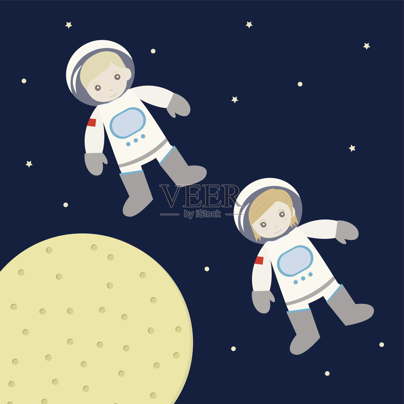 男孩和女孩宇航员在太空插画图片素材