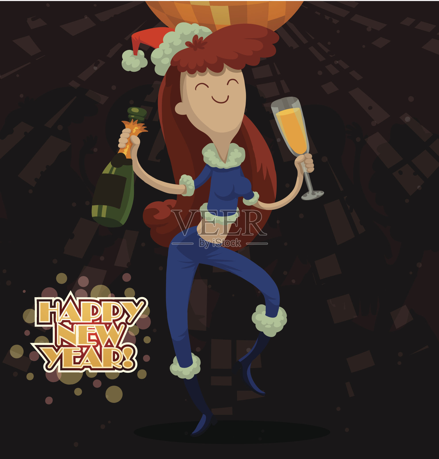 一个棕色头发的女孩在新年聚会上插画图片素材