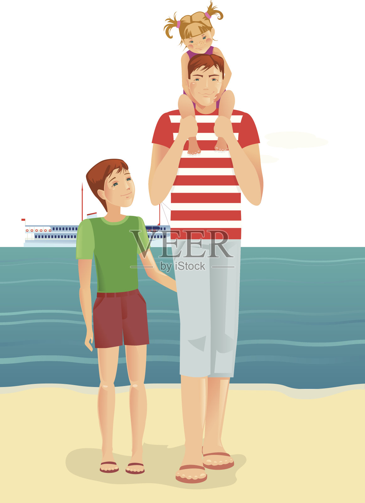一个男人带着小女孩和小男孩在海滩上插画图片素材