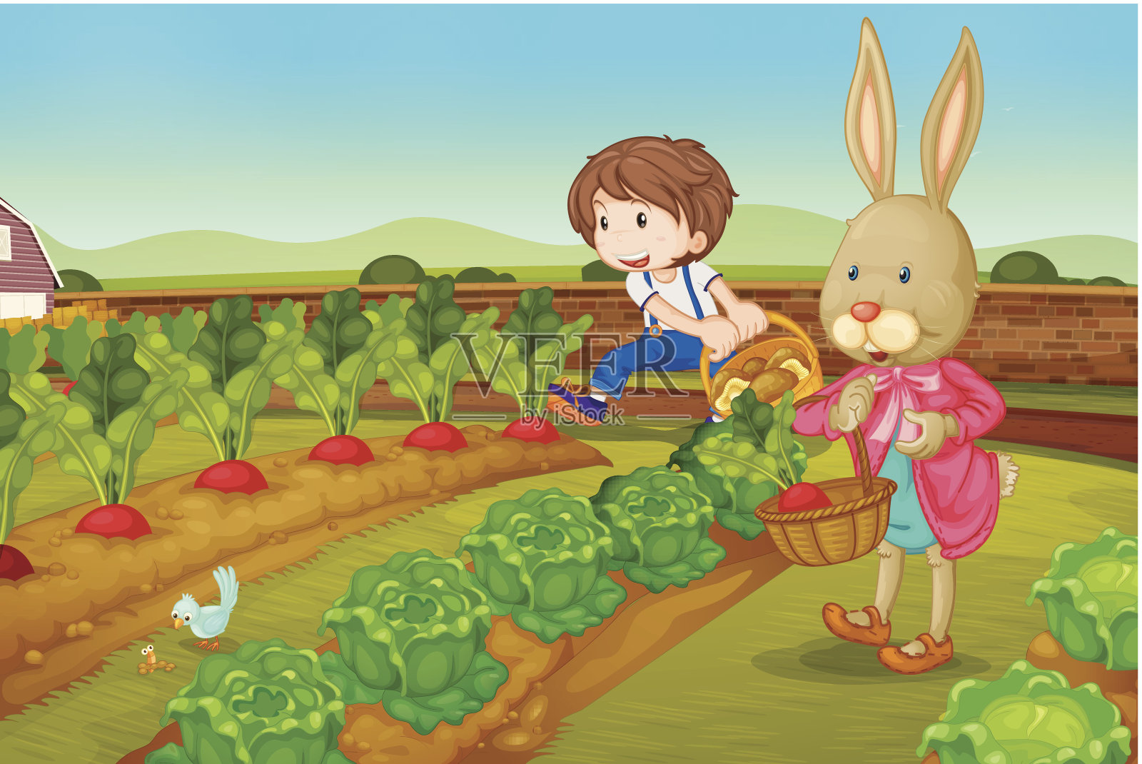 小兔子和小男孩在花园里插画图片素材
