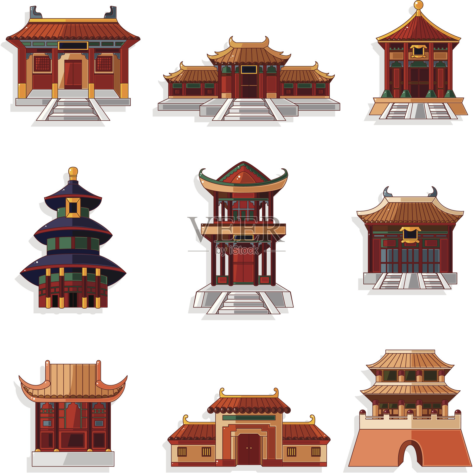 卡通中国房子图标集插画图片素材
