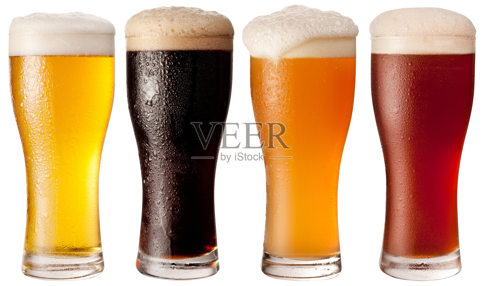 四杯不同的啤酒。照片摄影图片