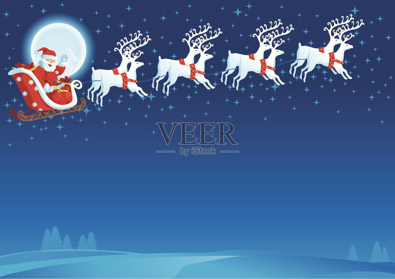 圣诞老人和他的雪橇在晚上的卡通插画图片素材