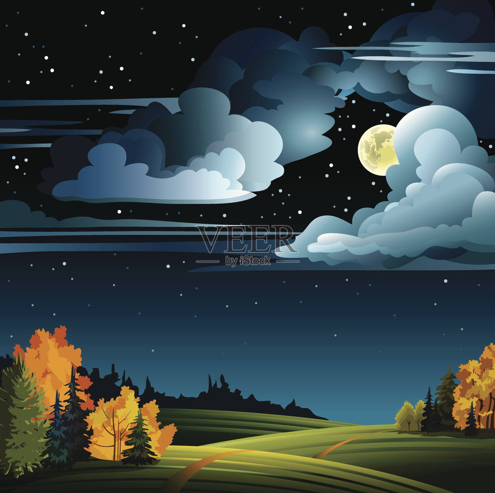 有月亮和树木的秋夜插画图片素材