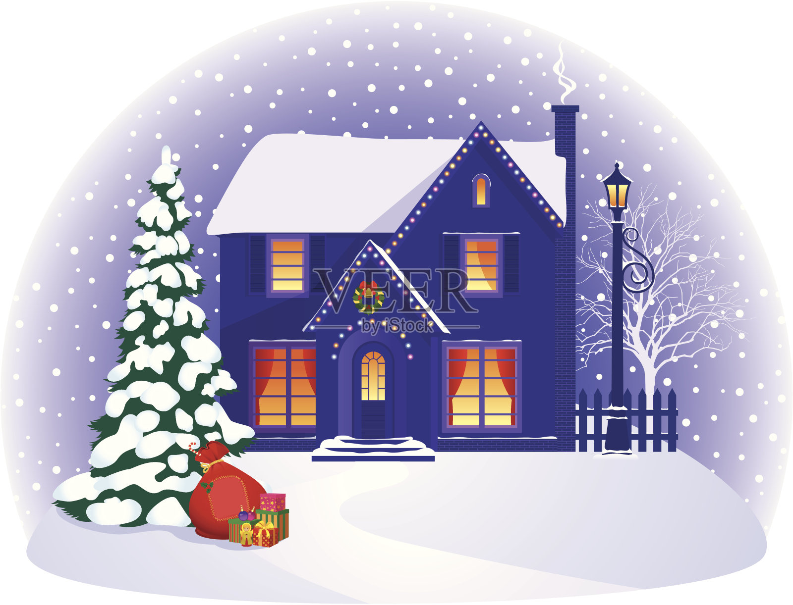 房子在冬天的圣诞之夜插画图片素材