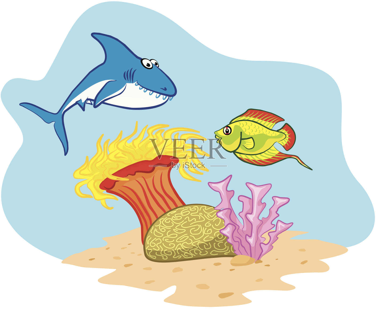 鲨鱼，鱼和珊瑚礁插画图片素材