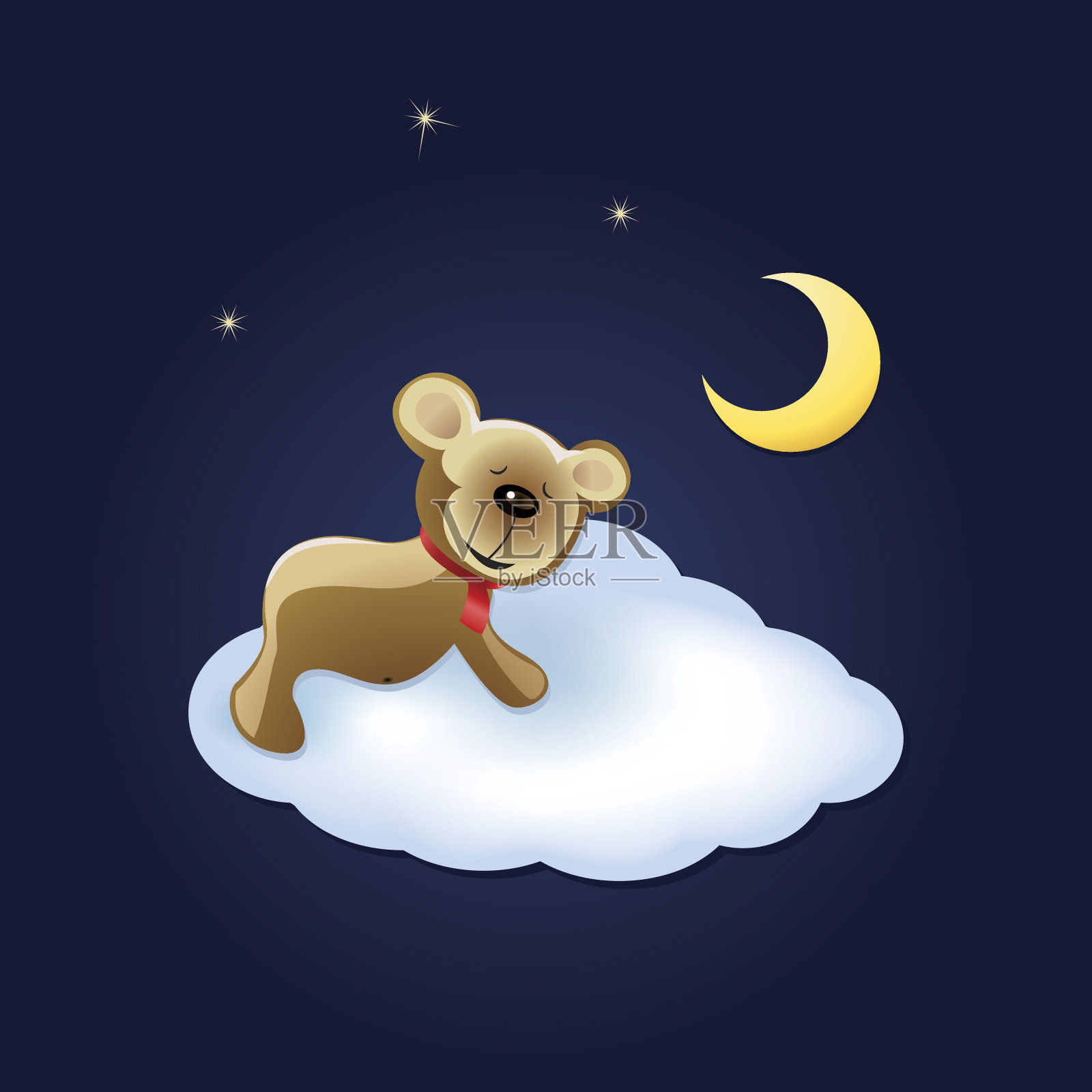 卡通的泰迪熊睡在夜空的云上设计元素图片