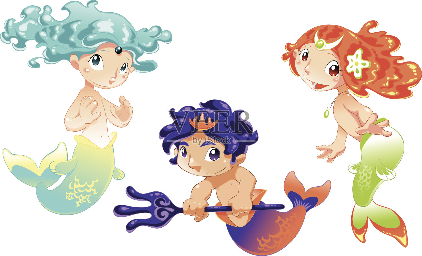 两个海妖和一个小海神插画图片素材