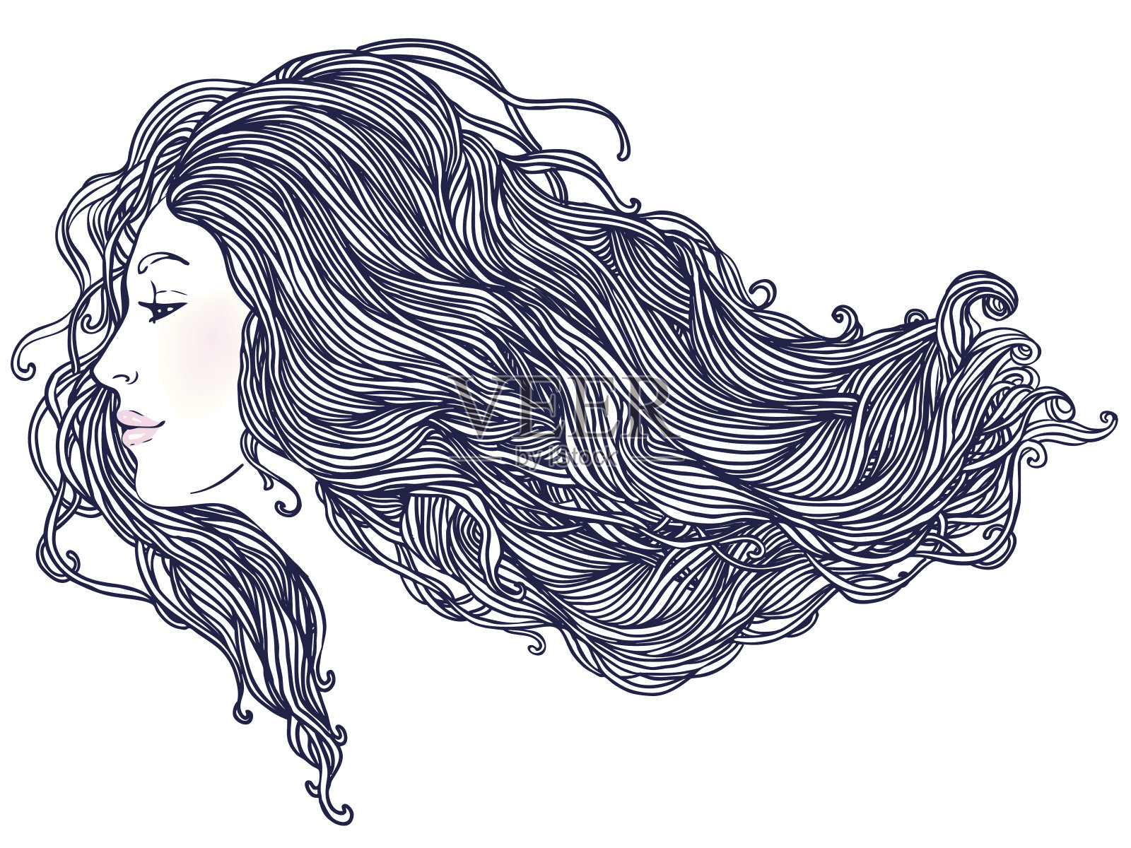 女人的侧影，长而美丽的头发插画图片素材