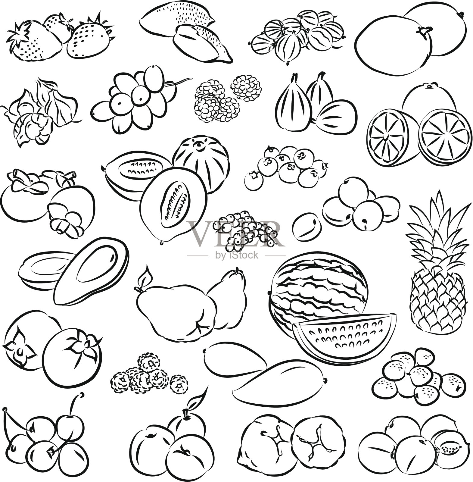 手绘黑白水果和蔬菜图形插画图片素材