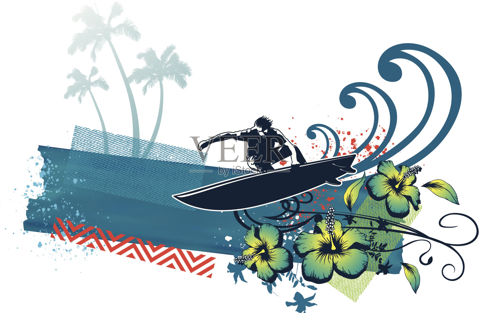 冲浪横幅与冲浪花和波浪插画图片素材