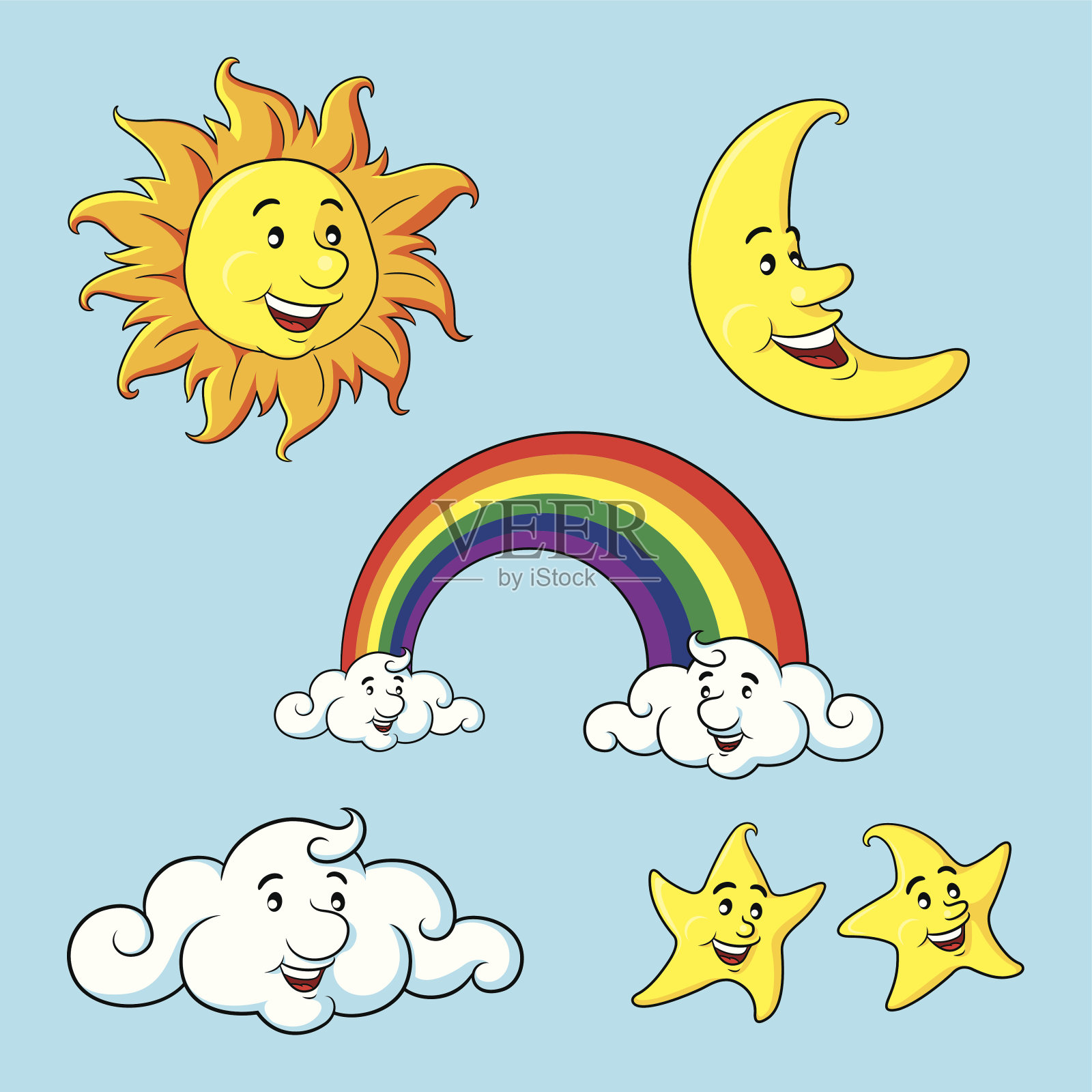太阳，月亮，星星，云彩和彩虹卡通插画图片素材