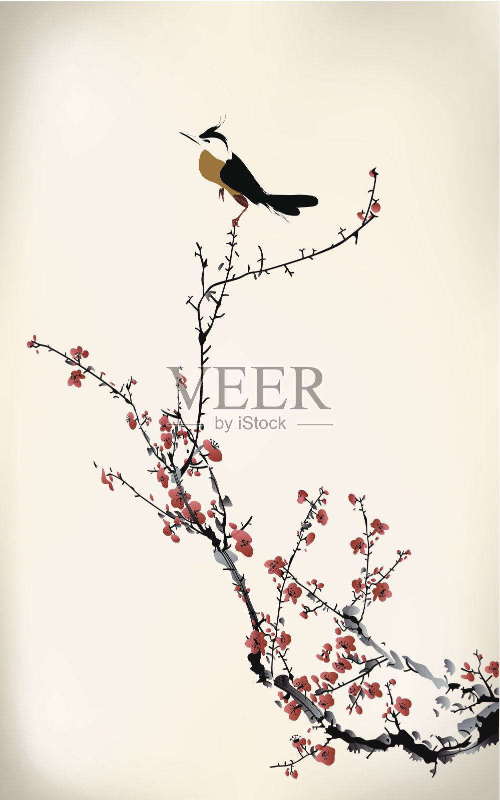 卡通形象的鸟在樱花树的树枝插画图片素材