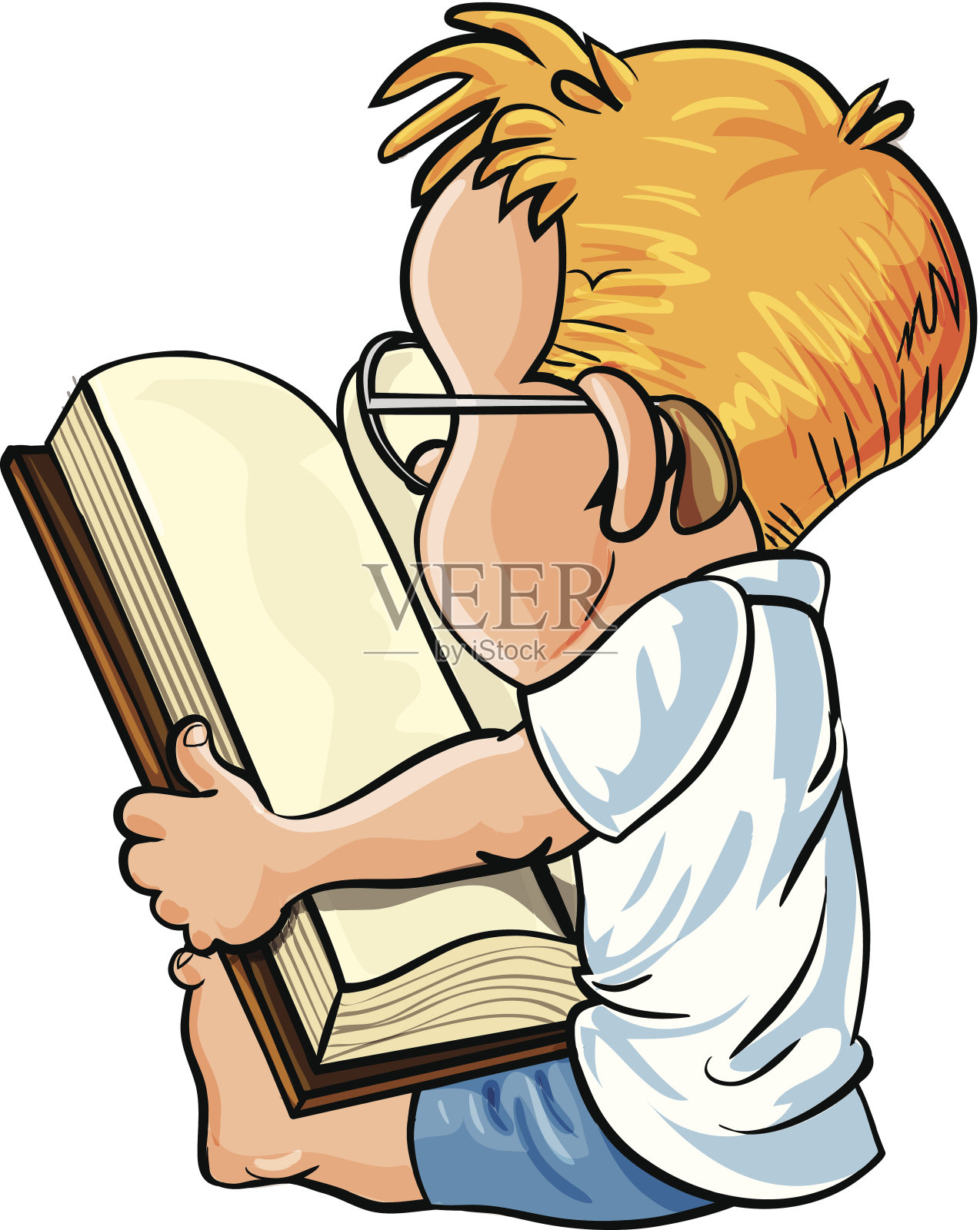 卡通小男孩在读一本大书插画图片素材
