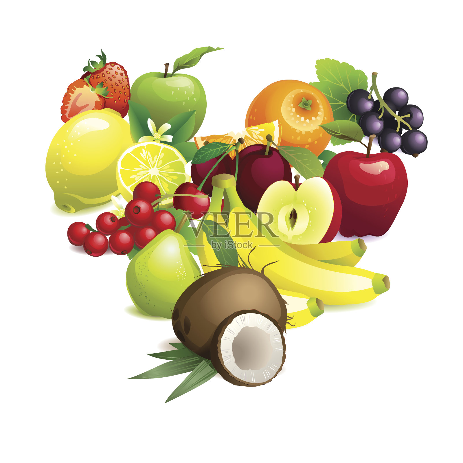 心形包含不同的水果，有叶和花插画图片素材