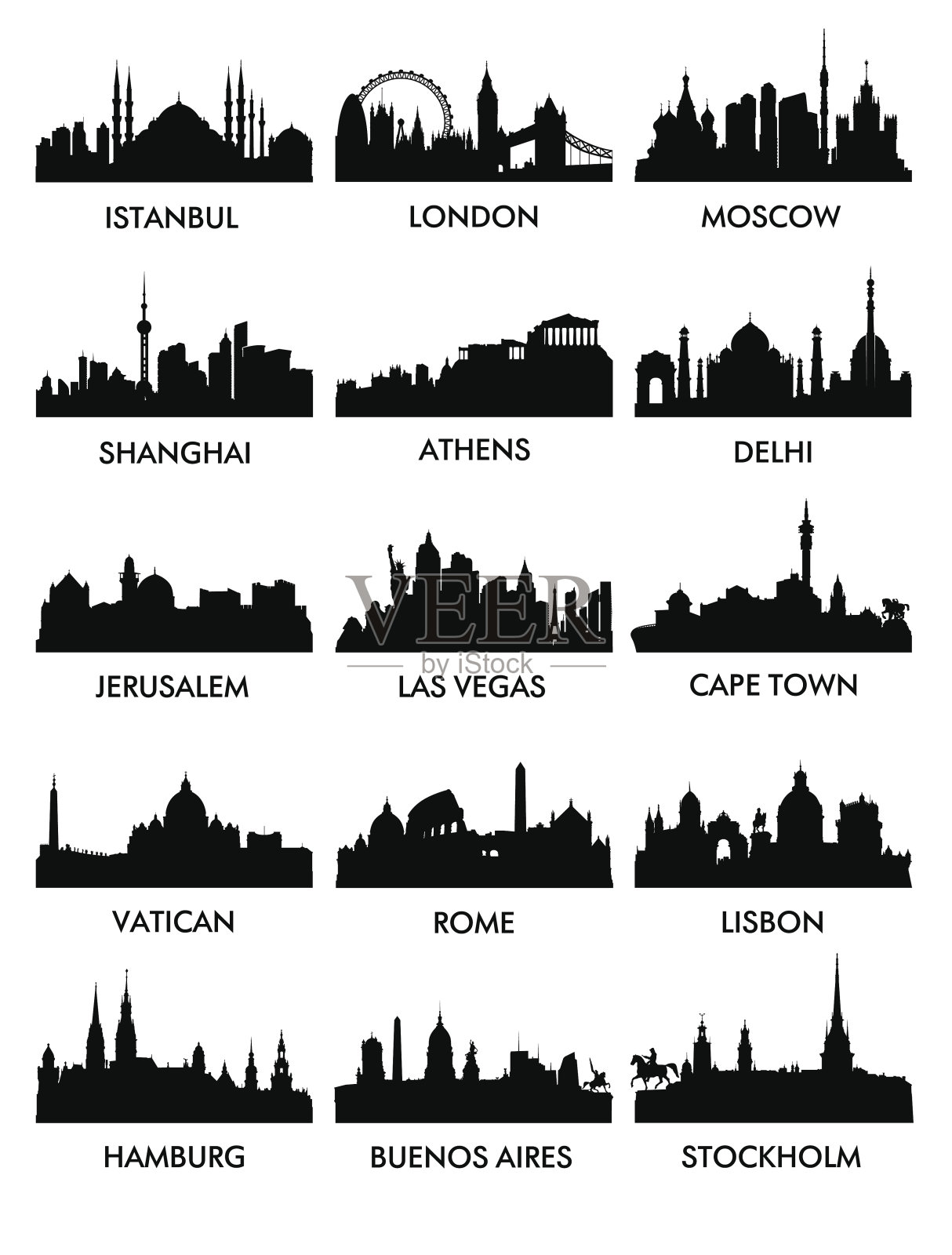 不同城市的剪影和名字插画图片素材