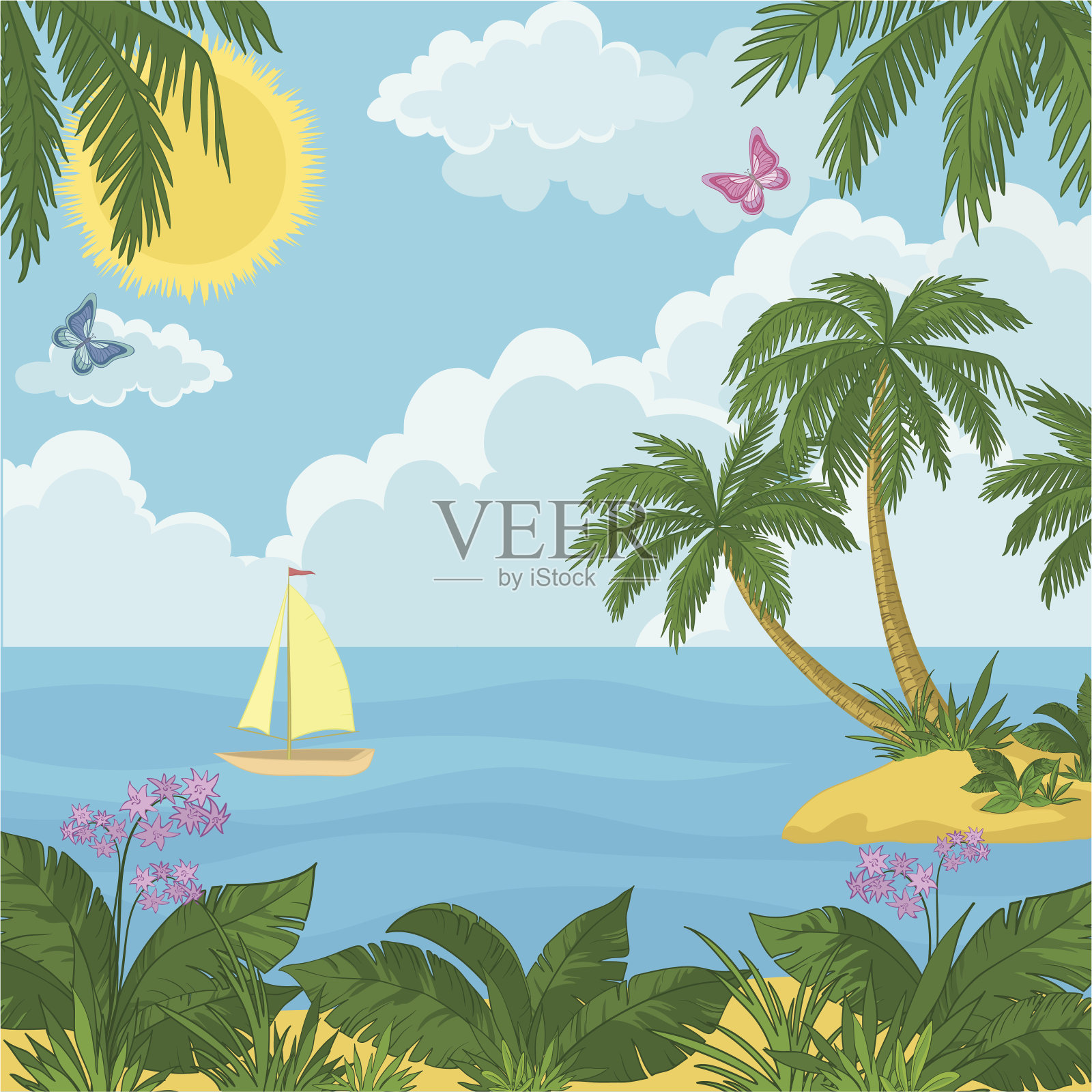 景观:岛上有棕榈树和船只插画图片素材