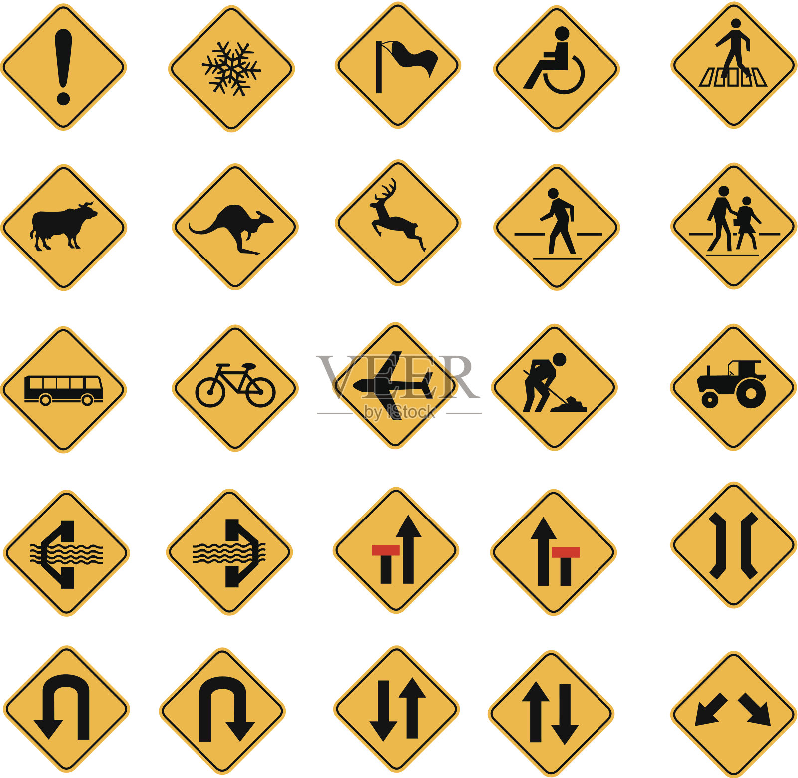 黄色交通警告标志矢量图标设置图标素材