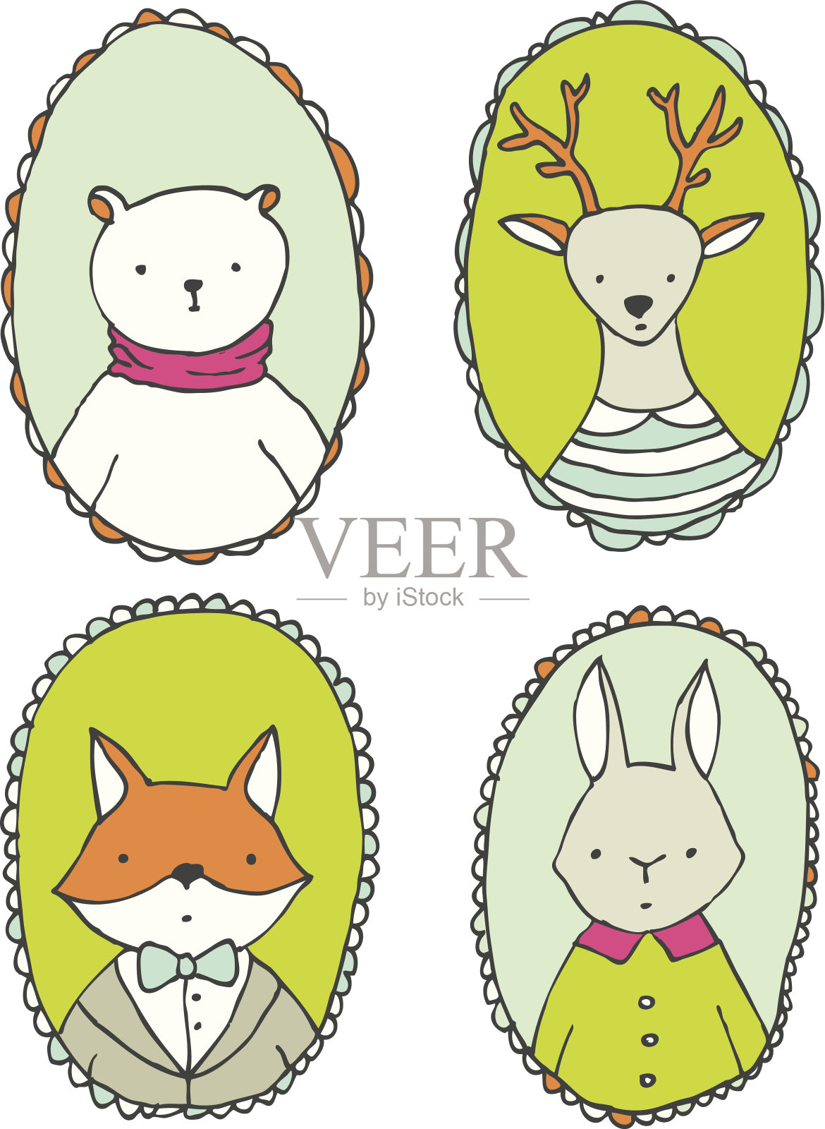 动物肖像-熊，鹿，兔子和狐狸插画图片素材