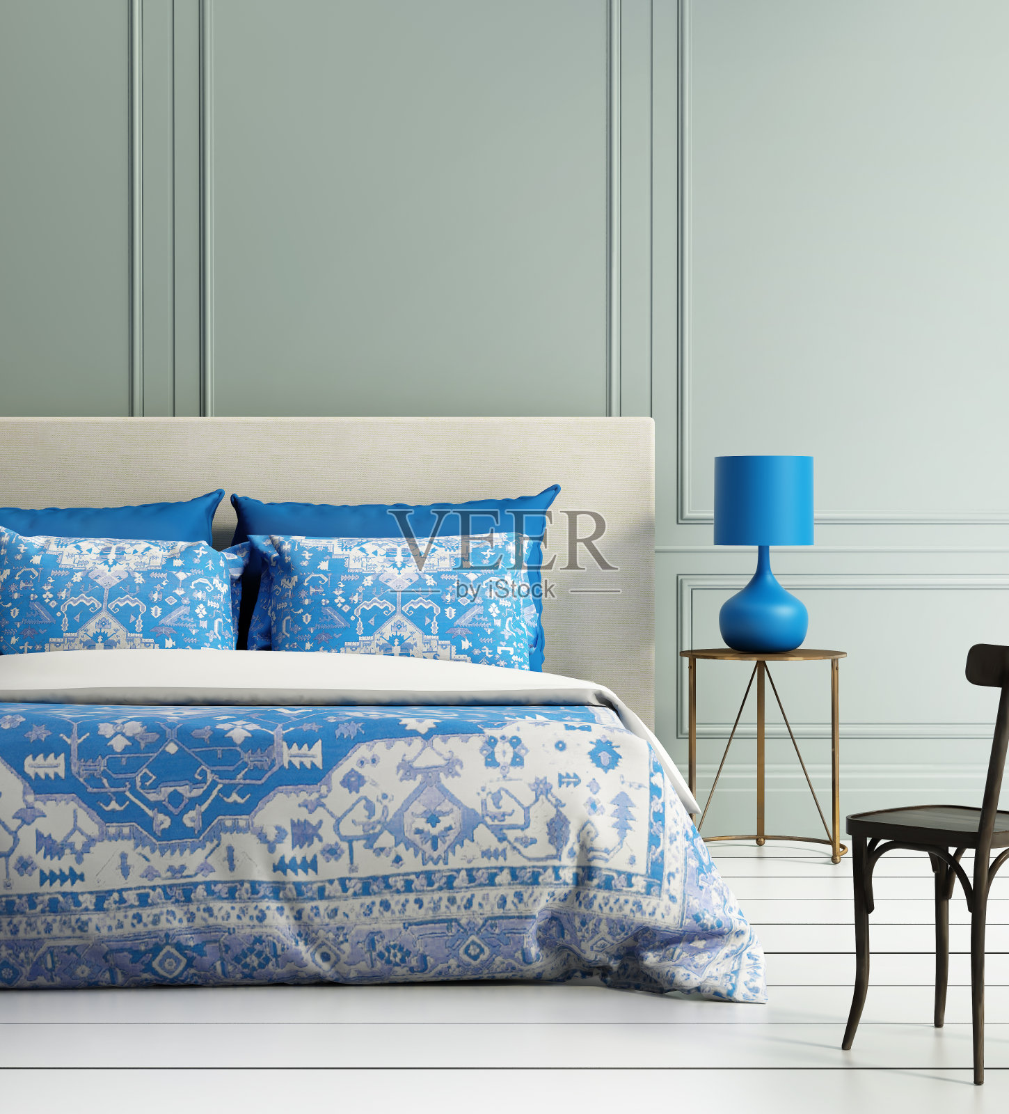 现代典雅豪华大气的卧室与蓝绿色墙壁照片摄影图片