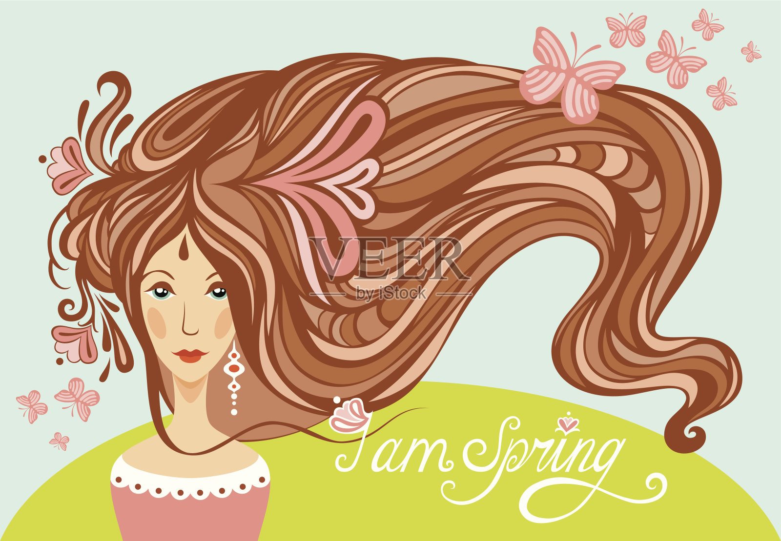 春姑娘长着美丽的长发和蝴蝶插画图片素材