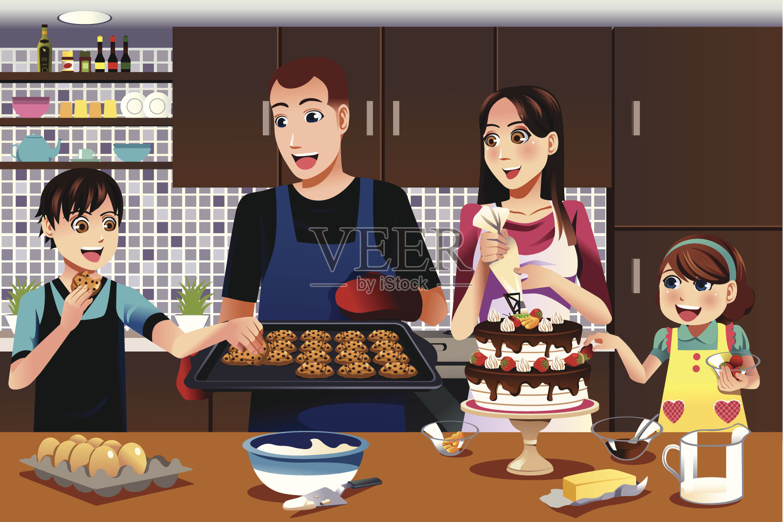 厨房里的家人插画图片素材