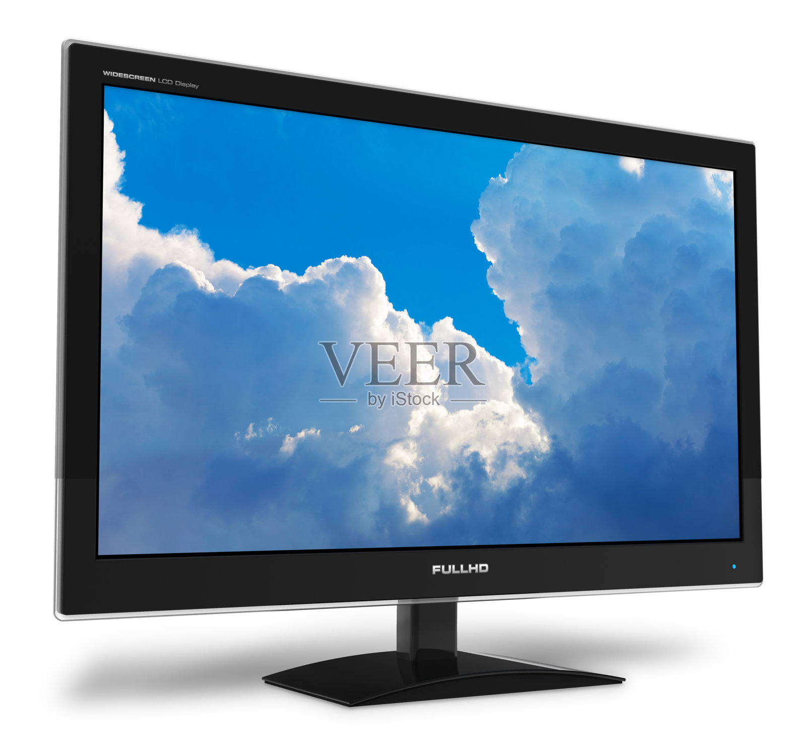 一个宽屏TFT电视显示与蓝色的天空在屏幕上照片摄影图片