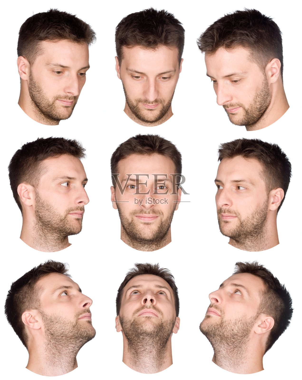 短发男子的脸从不同角度收集照片摄影图片