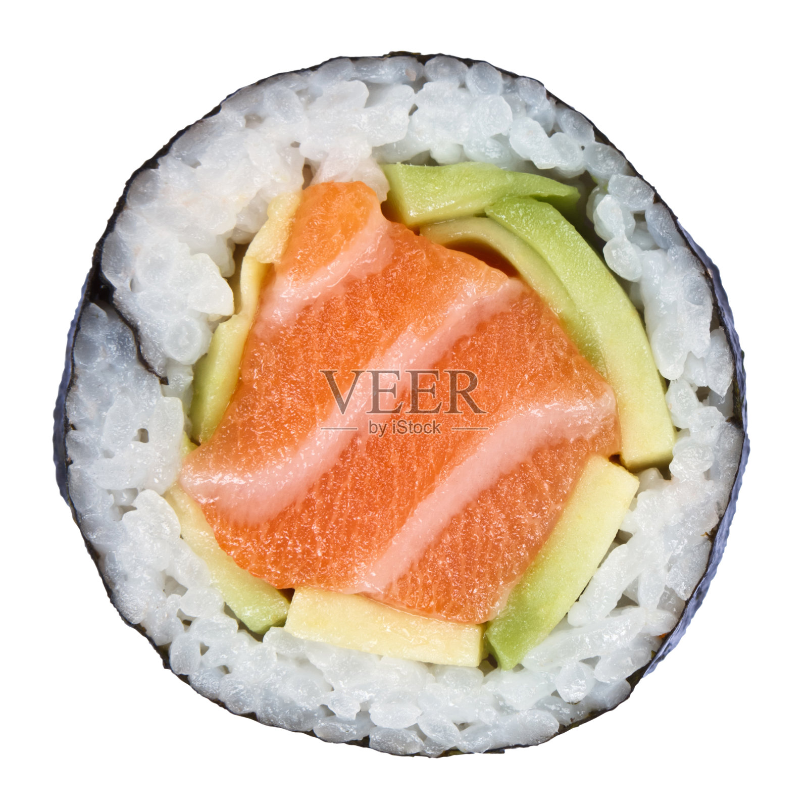 放大图像的寿司卷在白色的背景照片摄影图片