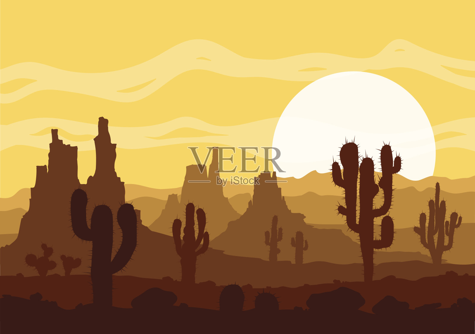 日落在石头沙漠仙人掌和山。插画图片素材