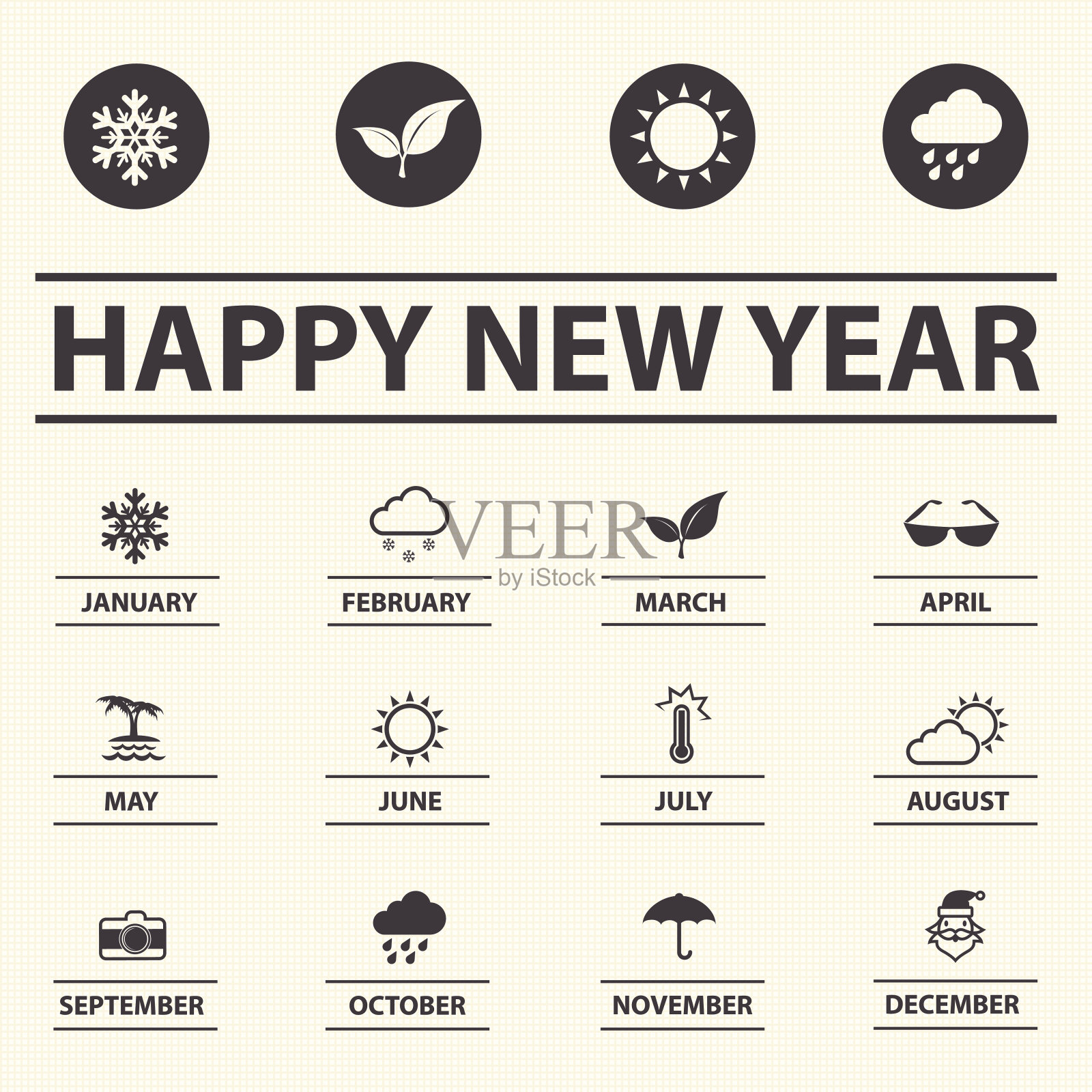 新年快乐与天气图标日历。插画图片素材