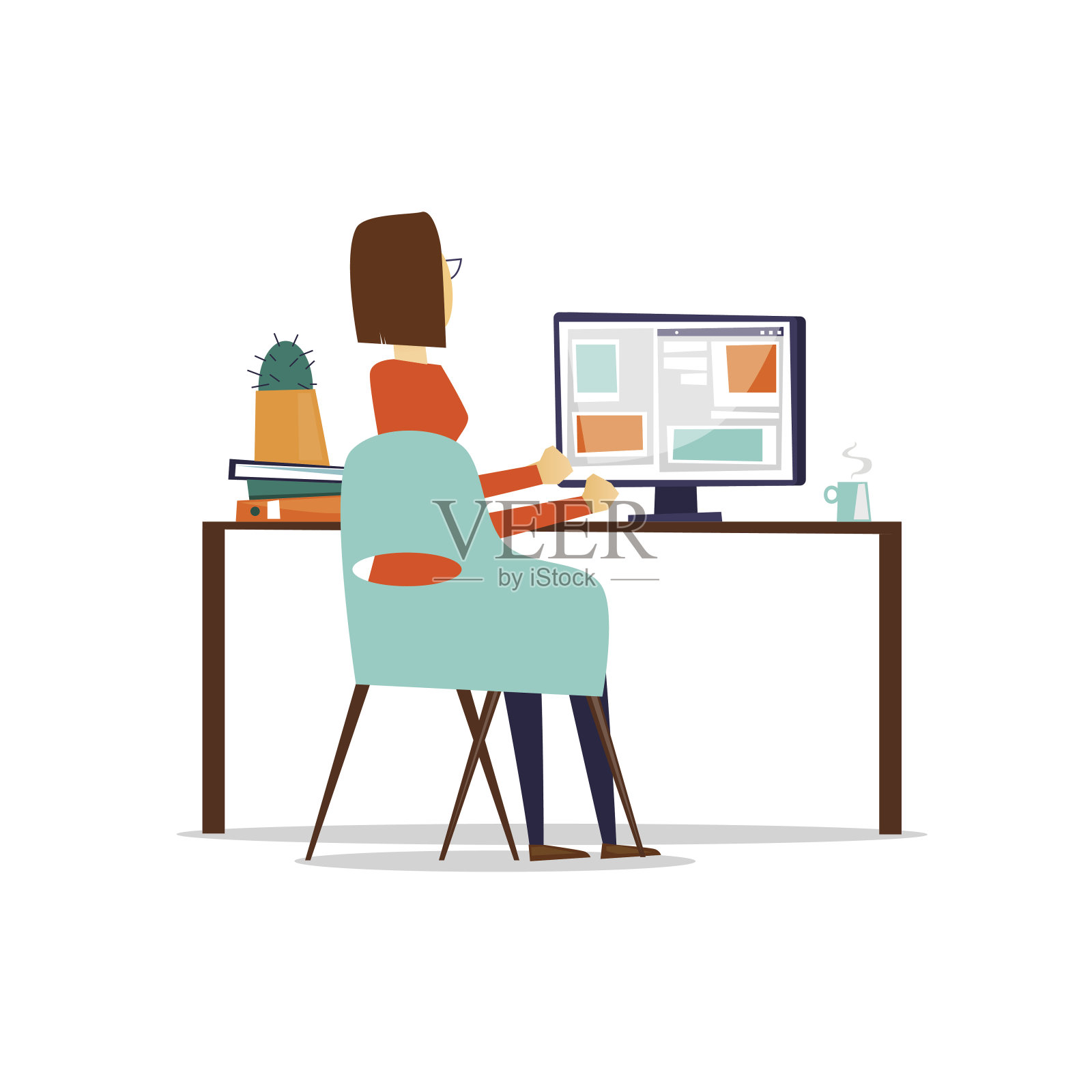 坐在桌子旁用电脑工作的女人。插画图片素材