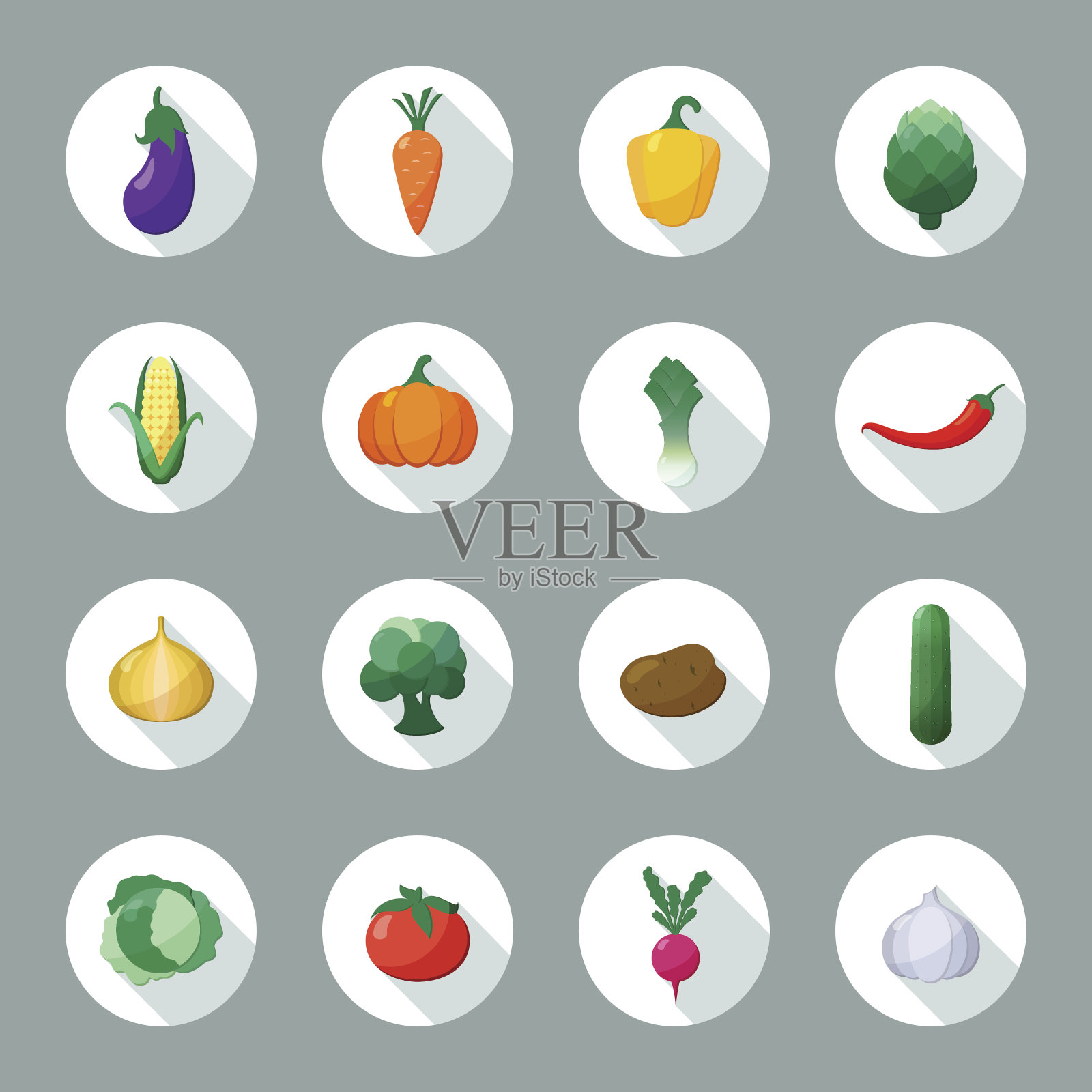 向量图标蔬菜平面风格与长阴影设置插画图片素材