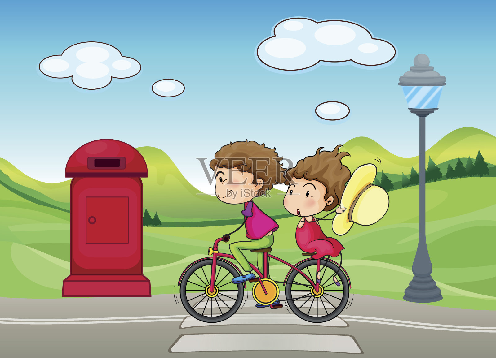 一个男孩和一个女孩骑着自行车插画图片素材