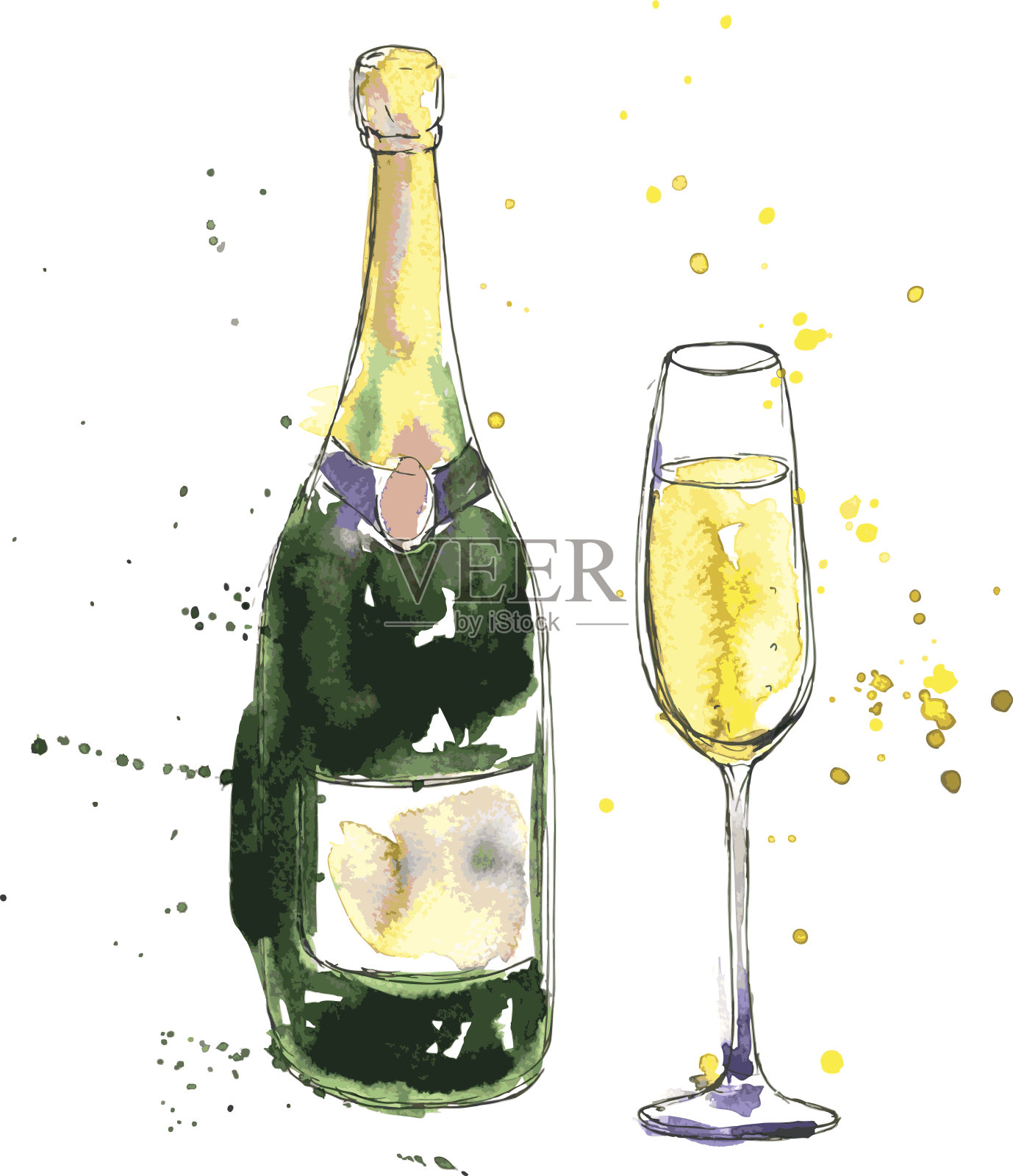 香槟瓶和玻璃杯插画图片素材