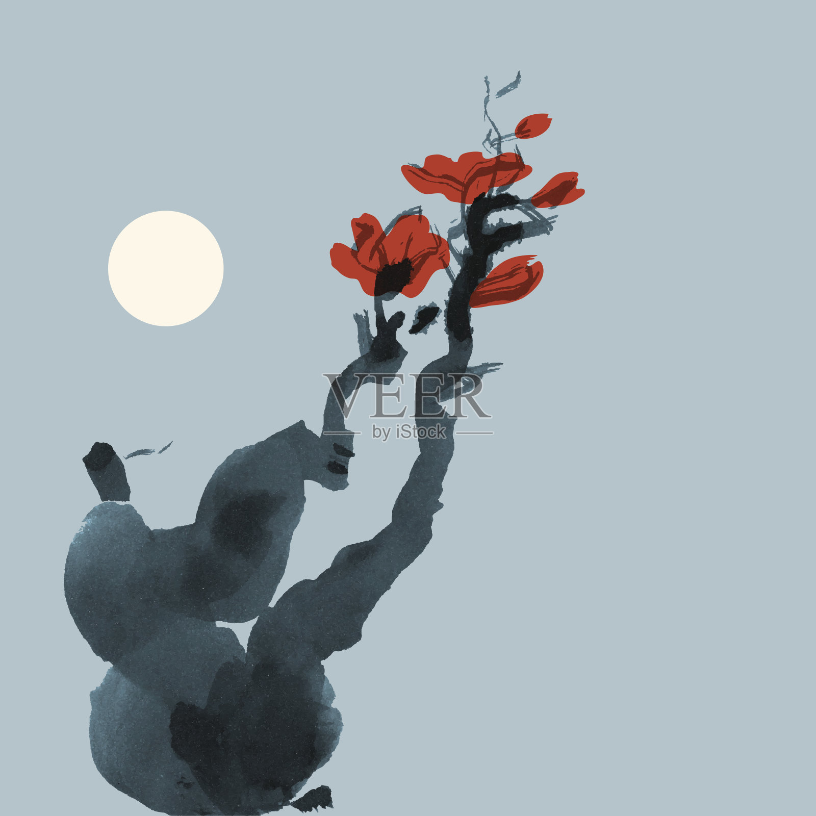 贺卡模板，日本风格。开花的树。矢量化的墨水画插画图片素材