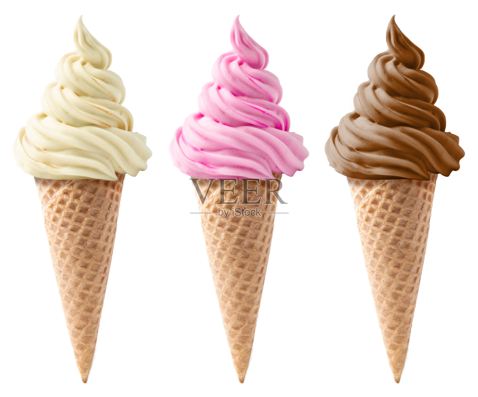 不同的冰淇淋在华夫饼在白色的背景照片摄影图片