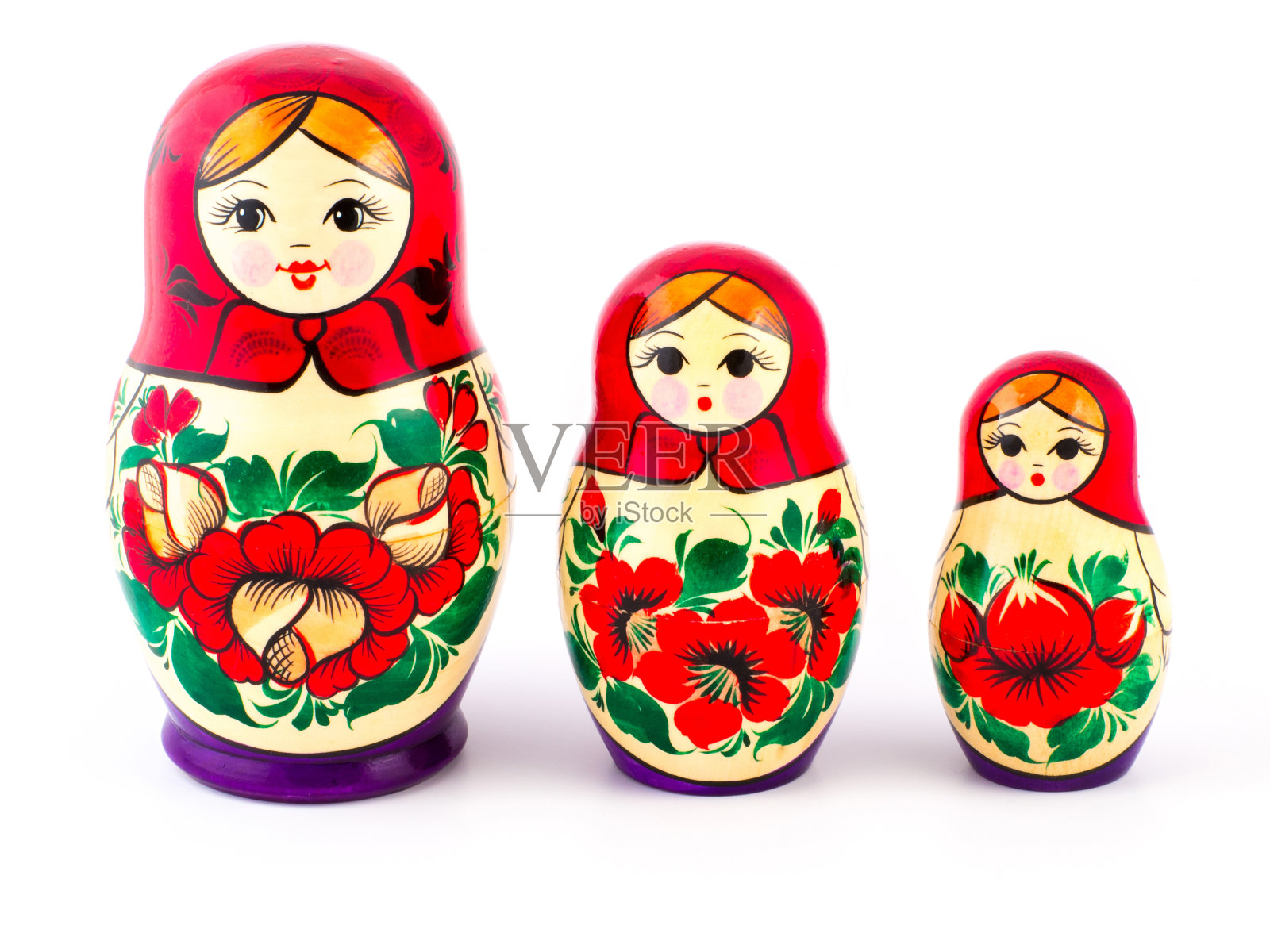 俄罗斯嵌套娃娃。巴布什卡斯或俄罗斯。(一套三件)照片摄影图片